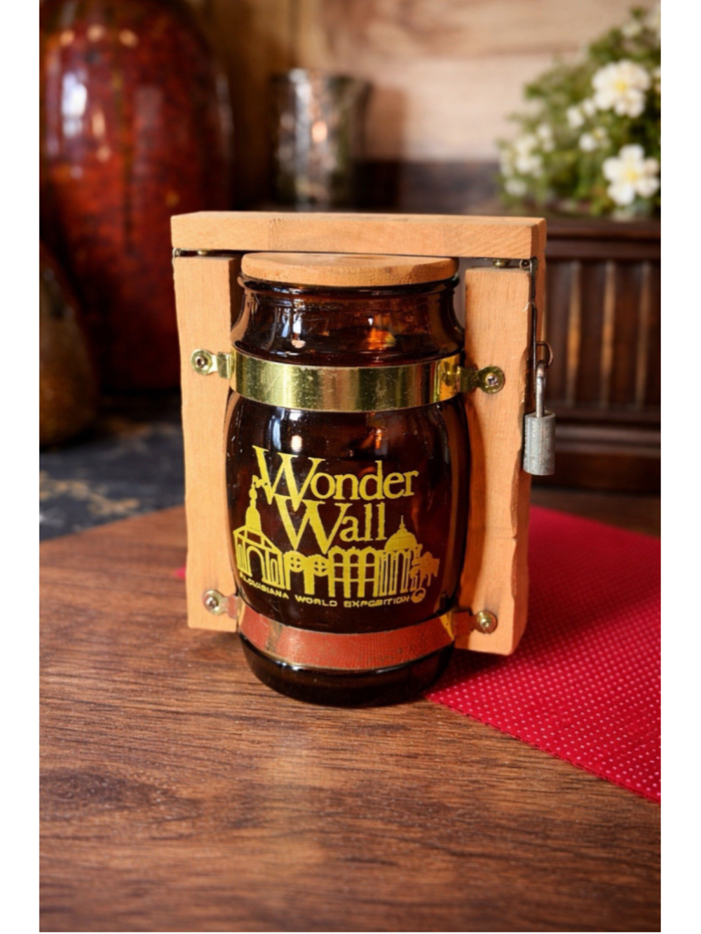 Vintage Wonder Wall Louisiana World Exposition Amber Glass Jar Wood Clamp Holder